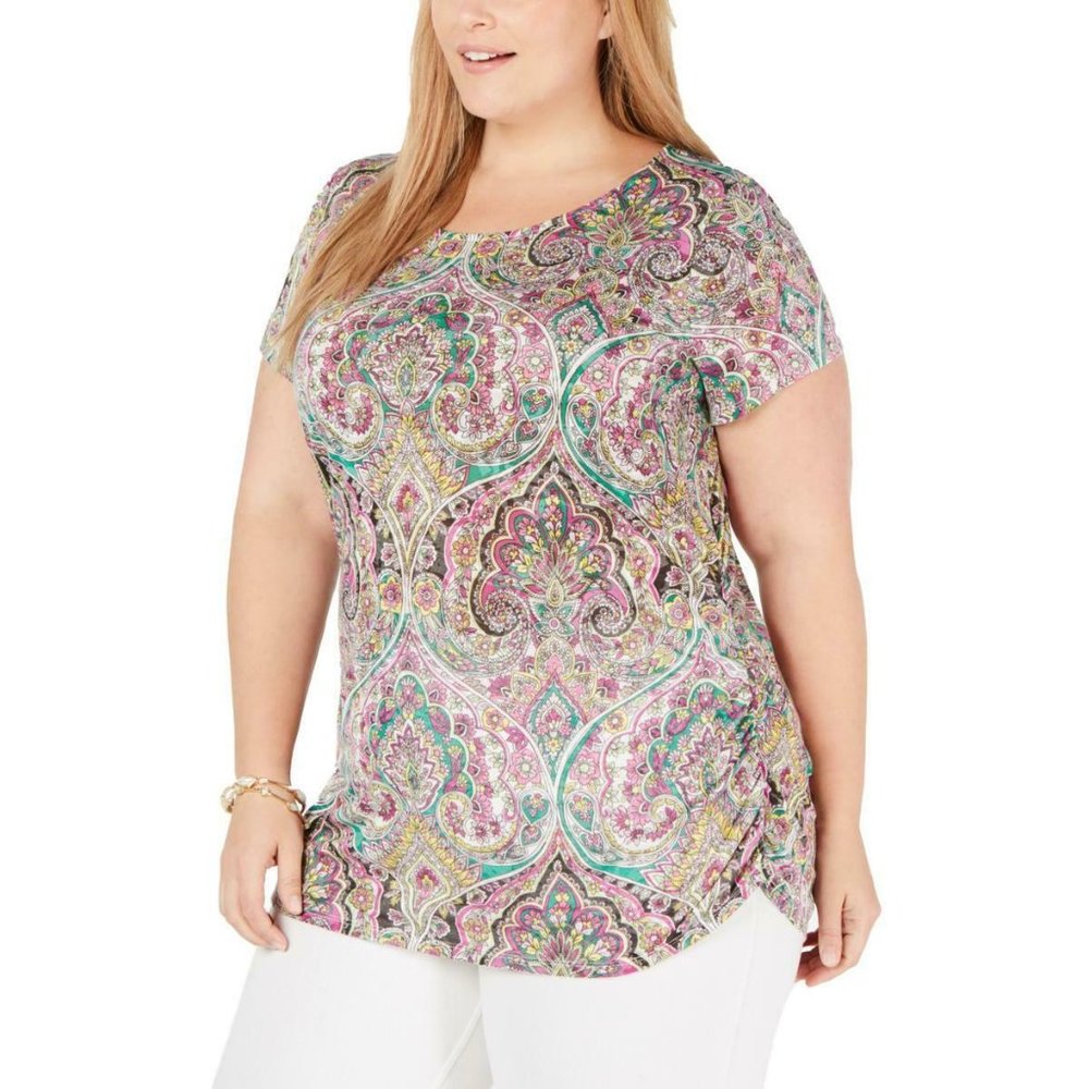 INC Womens Plus Opulent Paisley Ruched Blouse T - Picture 1 of 2